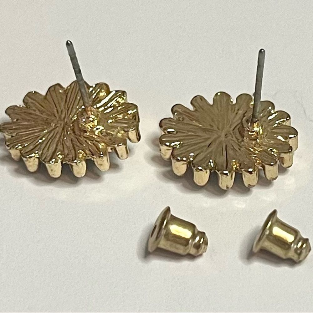 Faux, gold tone blue faceted w/clear rhinestones pierced earrings - Picture 4 of 9